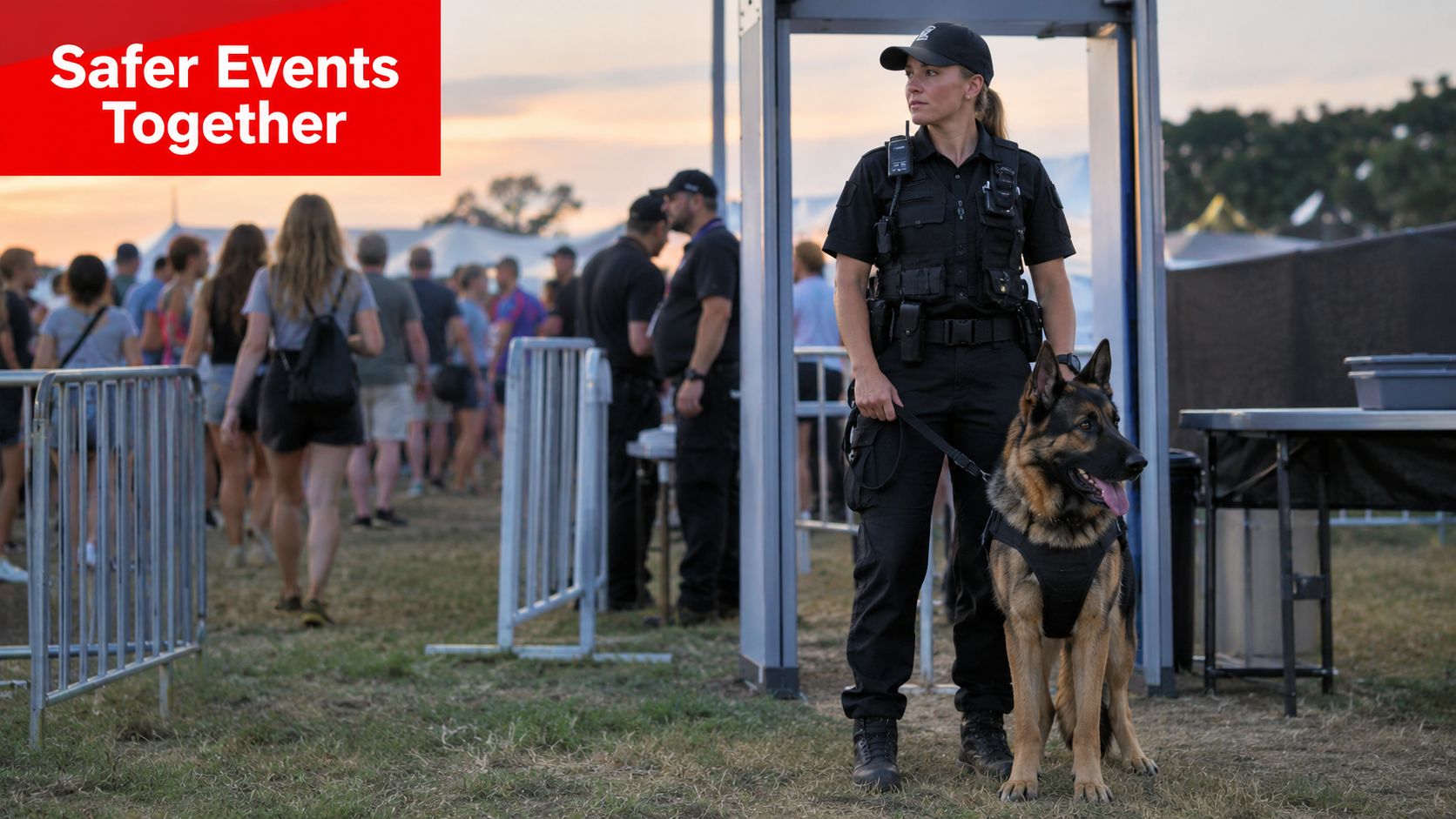 K9 Protection Dogs 7 Proven Ways They Keep Events Safe 1 A female security officer stands with a K9 dog near a metal detector at an outdoor event.