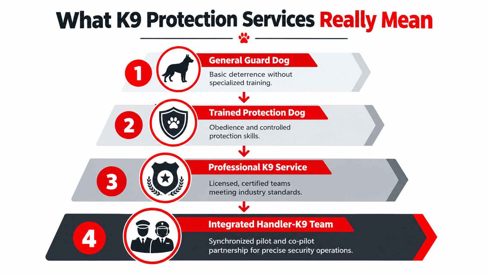 K9 Protection Dogs 7 Proven Ways They Keep Events Safe 2 An infographic showing four tiers of K9 protection services ranging from guard dogs to integrated teams.