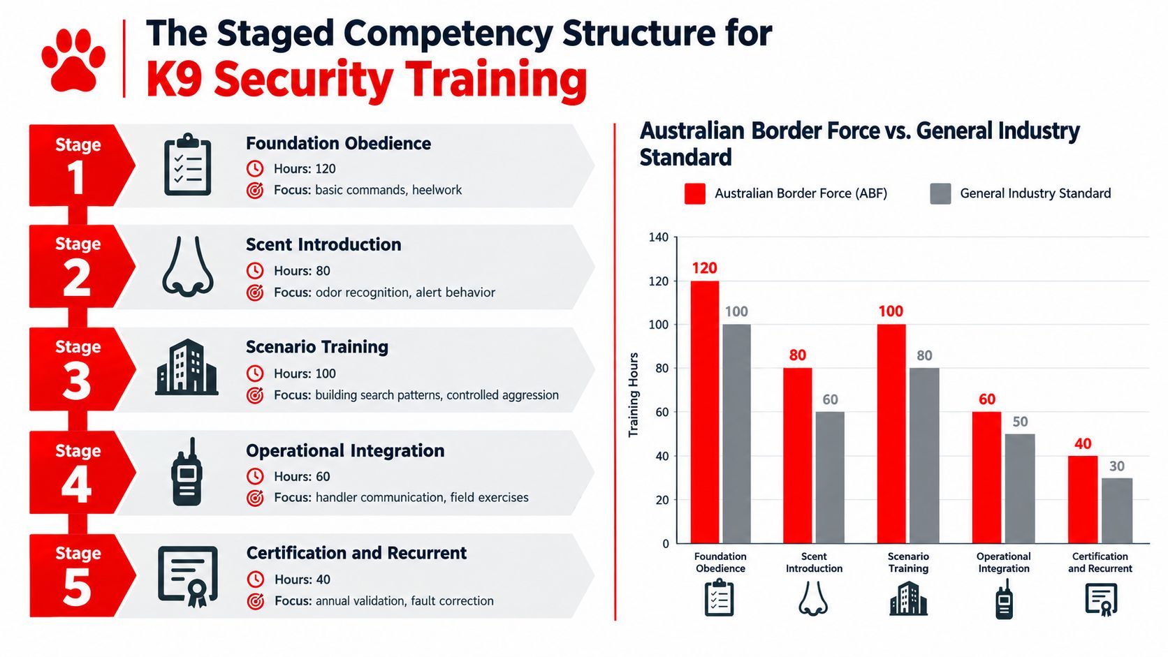7 Essential Steps for K9 Security Training Excellence 2 A structured infographic detailing the five stages of K9 security training and a comparative bar chart.