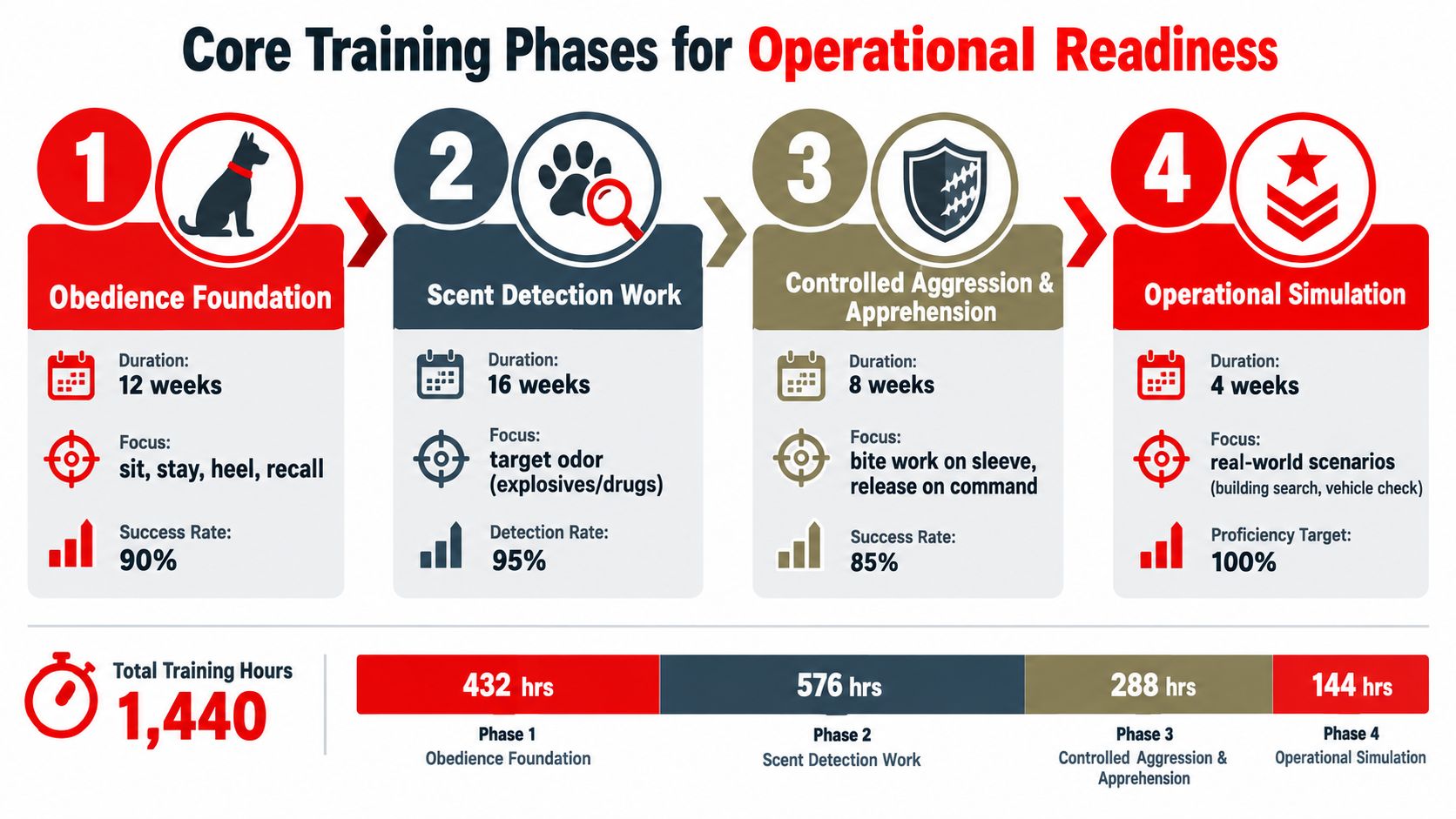 7 Essential Steps for K9 Security Training Excellence 3 An infographic showing the four core training phases for K9 operational readiness including duration, focus, and hours.