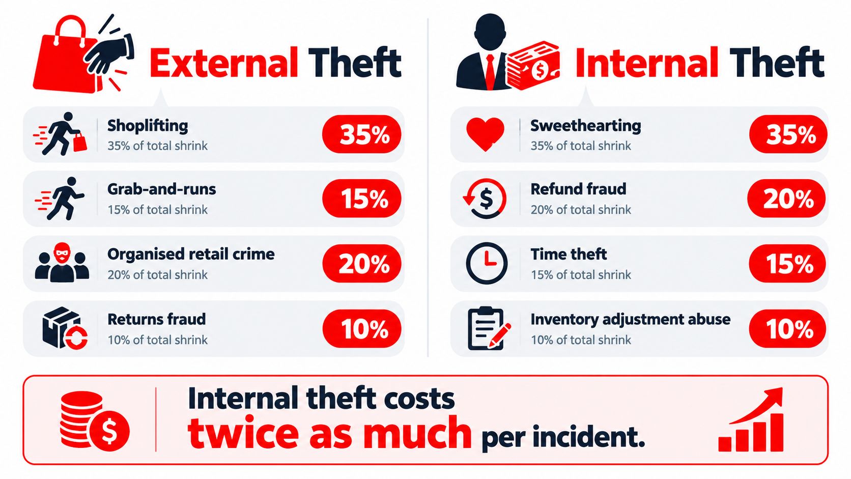 Loss Prevention Security: 7 Proven Strategies for 2026 1 An infographic showing a breakdown of external and internal retail shrink percentages with a cost comparison statement.