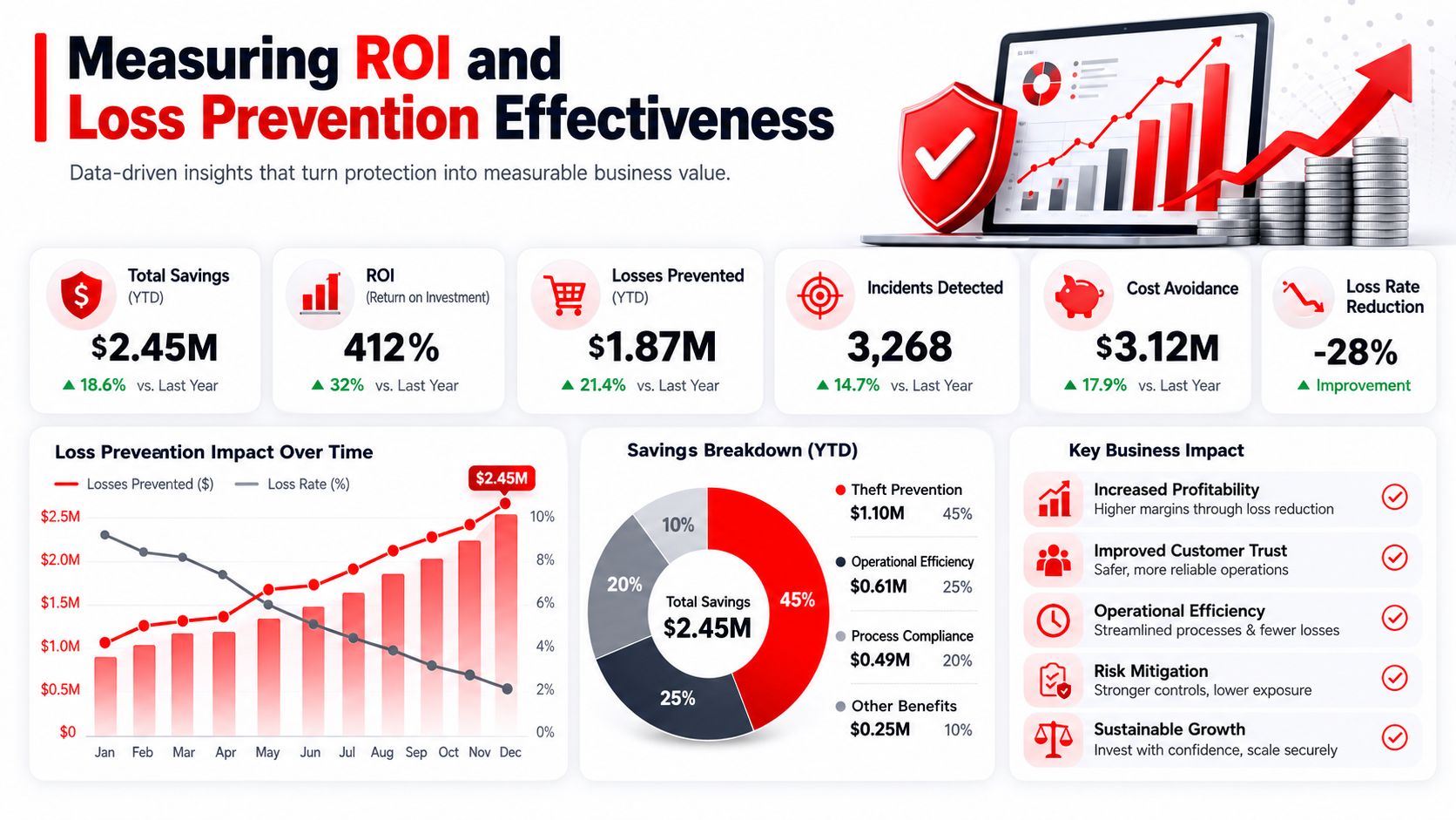 Loss Prevention Services: 7 Strategies That Protect Profit 3 A professional infographic displaying business analytics for loss prevention performance, including savings, ROI, and operational improvements.