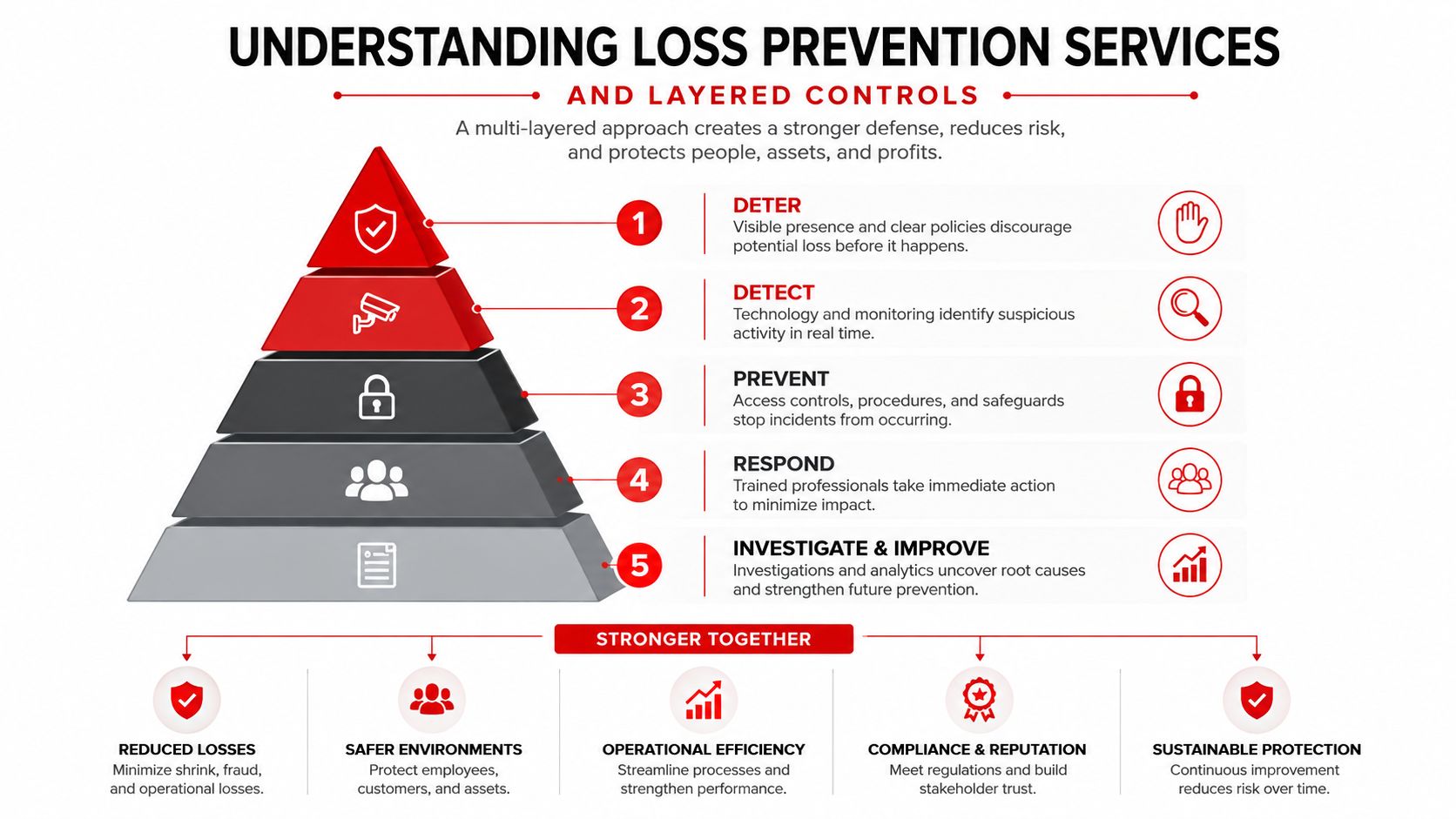 Loss Prevention Services: 7 Strategies That Protect Profit 1 A pyramid diagram showing a five-layer loss prevention strategy for businesses, including deterrence, detection, prevention, response, and improvement.