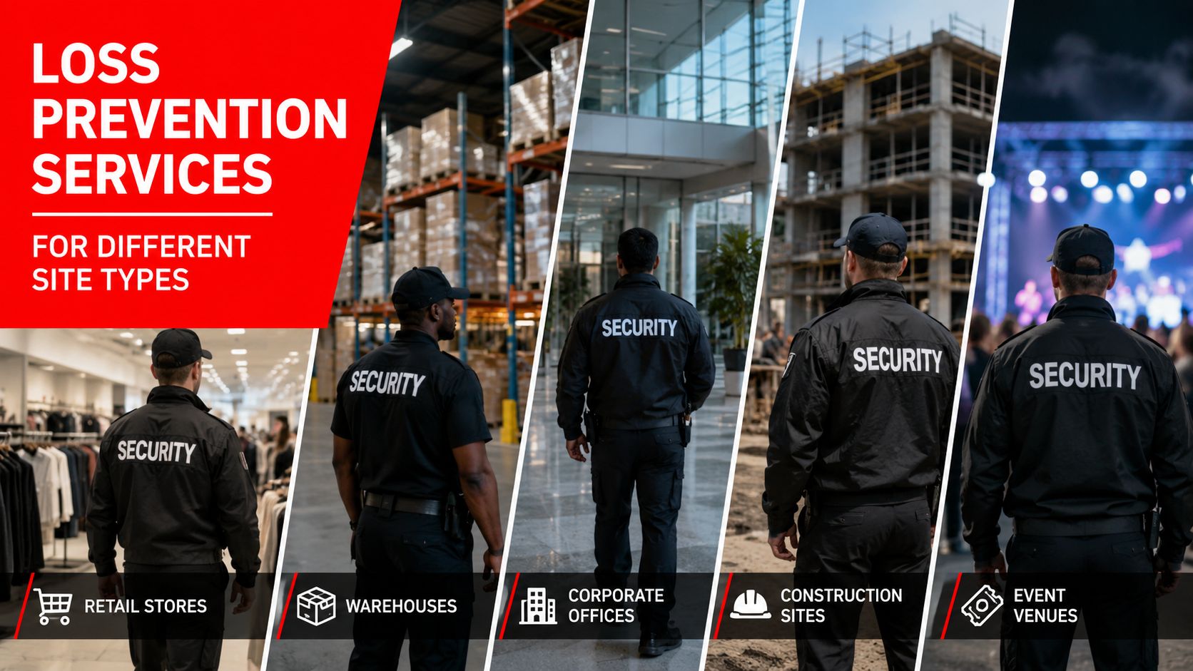 Loss Prevention Services: 7 Strategies That Protect Profit 4 Several security guards standing at various locations like retail stores, warehouses, offices, construction sites, and event venues.