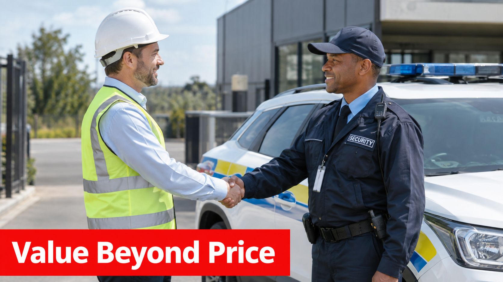 Mobile Security Patrol Cost: 5 Smart Tips 3 A construction site manager and a security guard shaking hands in front of a patrol vehicle.
