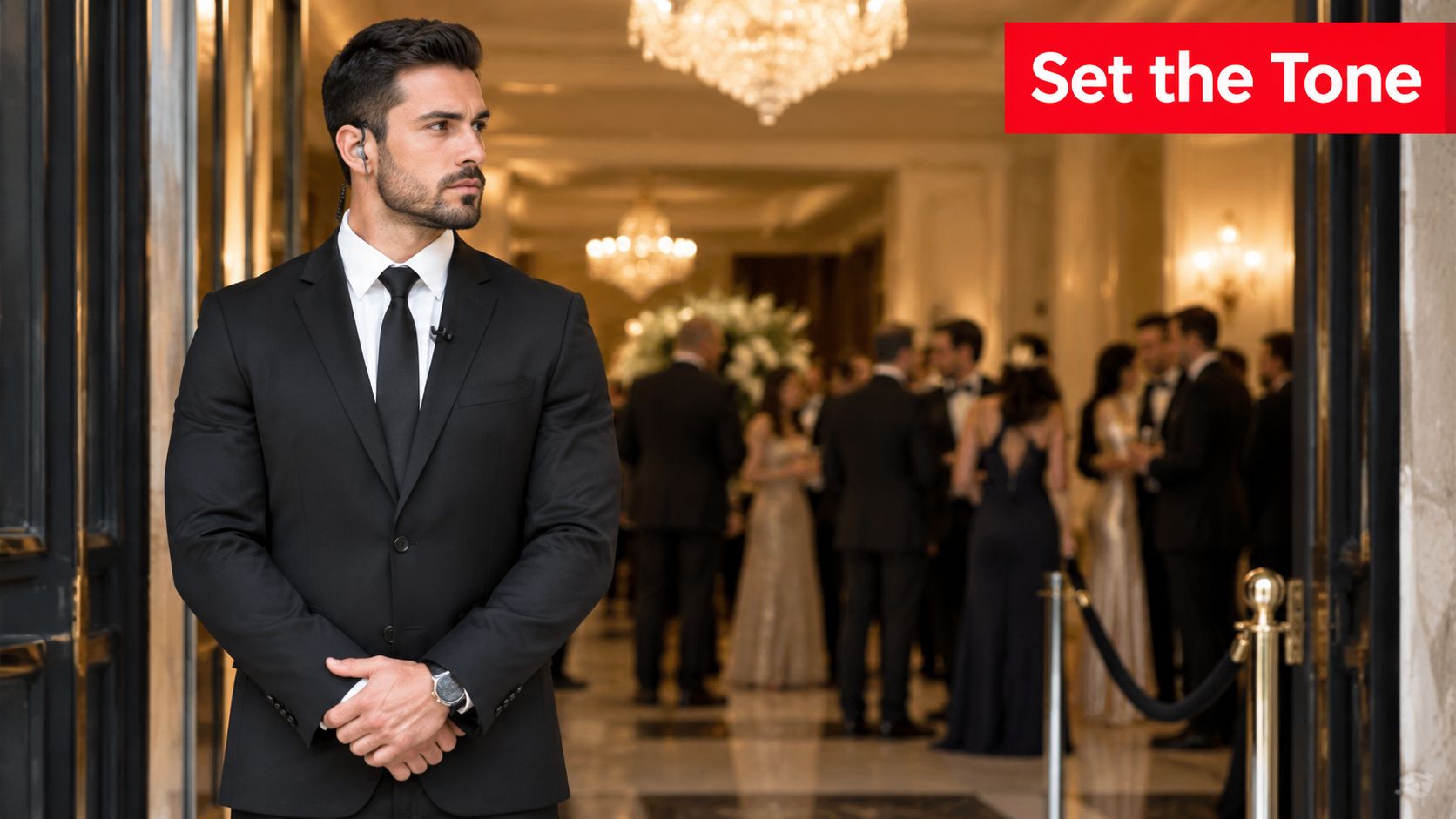 Private Event Security Guards: Safer Events in 2026 1 A professional security guard in a black suit standing at the entrance of an elegant evening event.