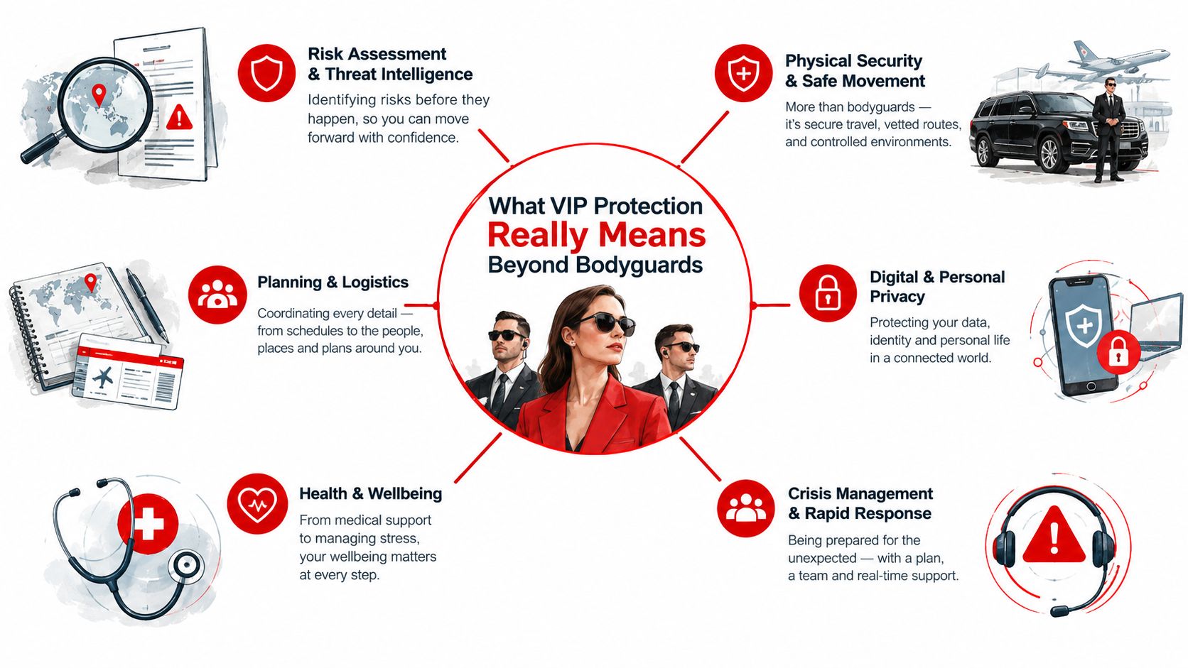 VIP Protection Requirements: 7 Proven Steps for Safer Events 1 A comprehensive infographic illustrating essential VIP protection services beyond just traditional bodyguard physical security.