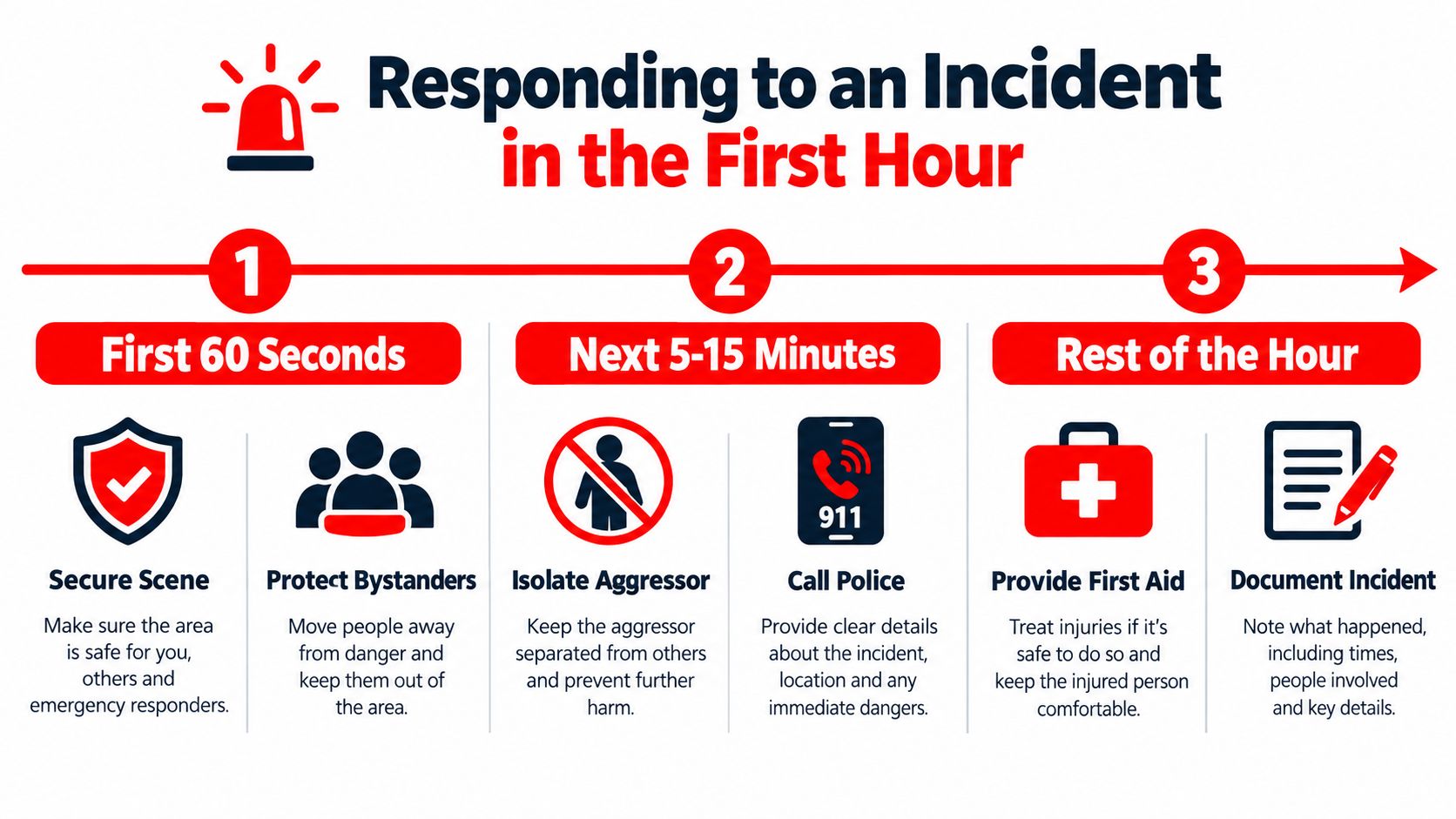 Workplace Violence Prevention: Safer Sites Guide 2 An infographic showing a three-step guide on how to respond to an emergency incident during the first hour.