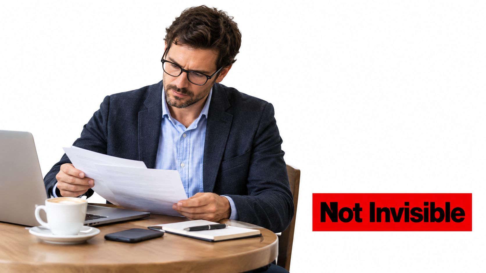 7 Proven Covert Security Officer Tactics for Venues 2 A professional man with glasses sitting at a cafe table, reviewing documents and working on a laptop.
