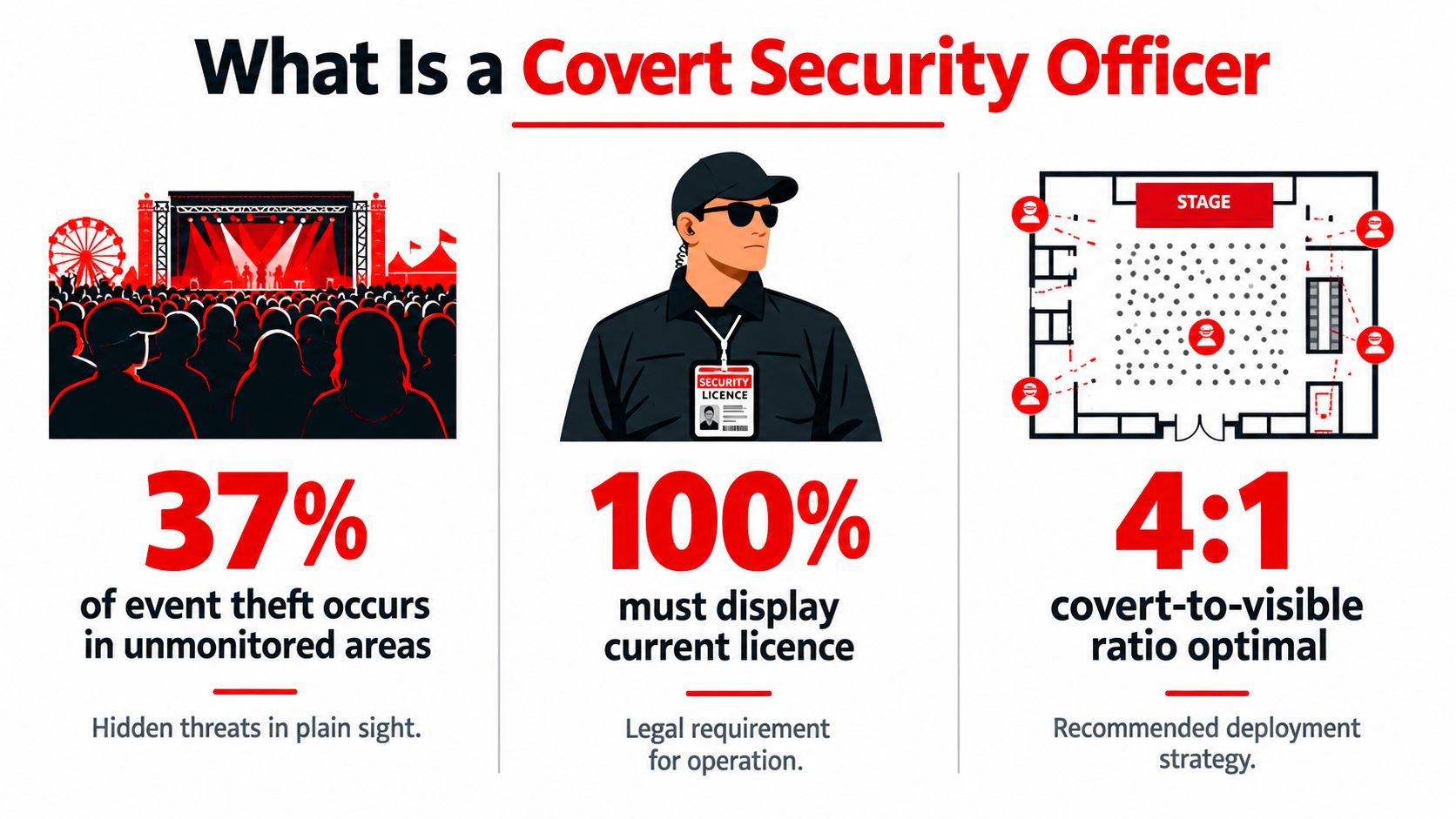 7 Proven Covert Security Officer Tactics for Venues 1 An infographic detailing the role of covert security officers, including licensing, deployment ratios, and theft statistics.