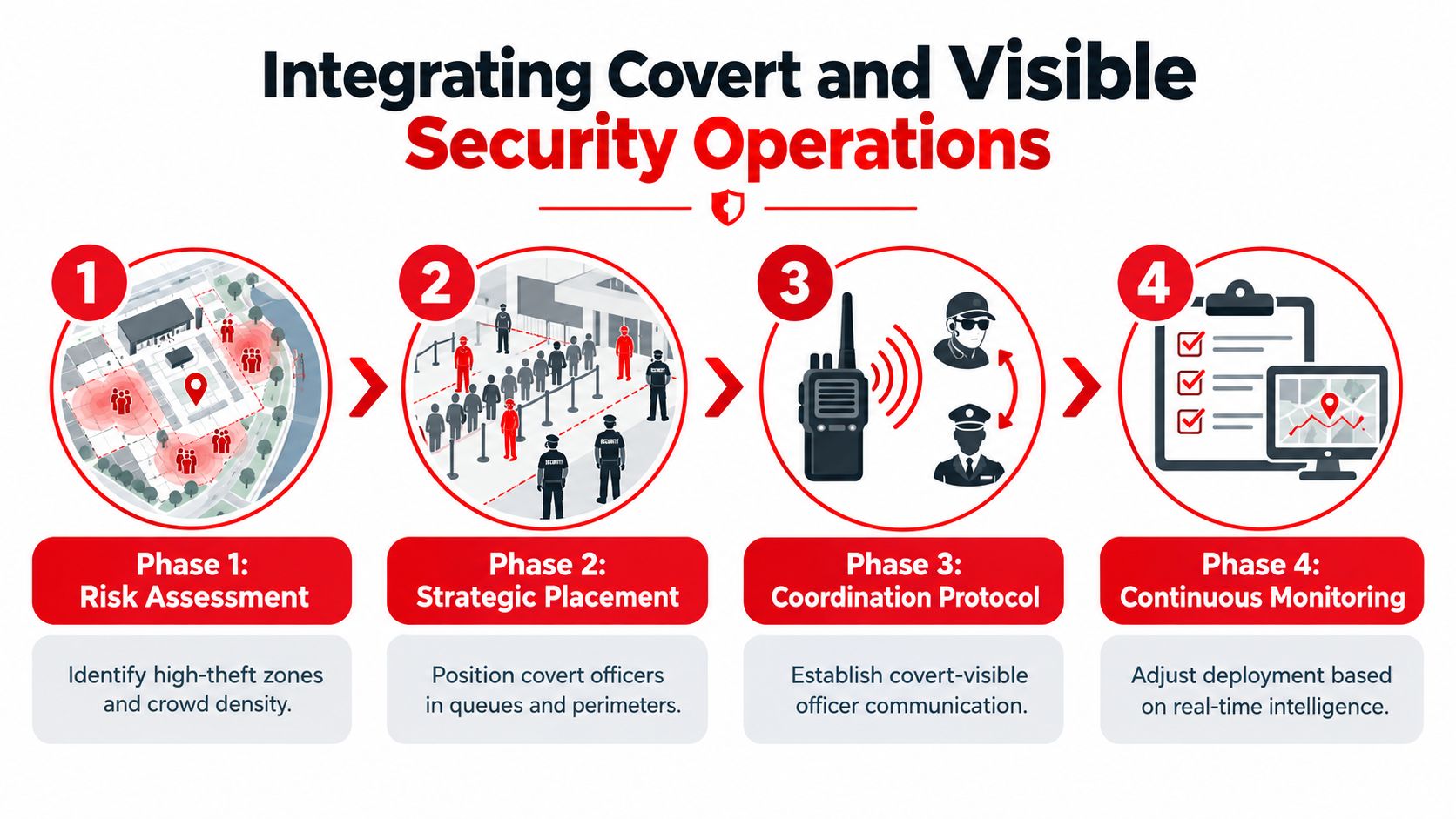 7 Proven Covert Security Officer Tactics for Venues 3 A four-phase infographic showing the integration of covert and visible security operations for effective crowd management.