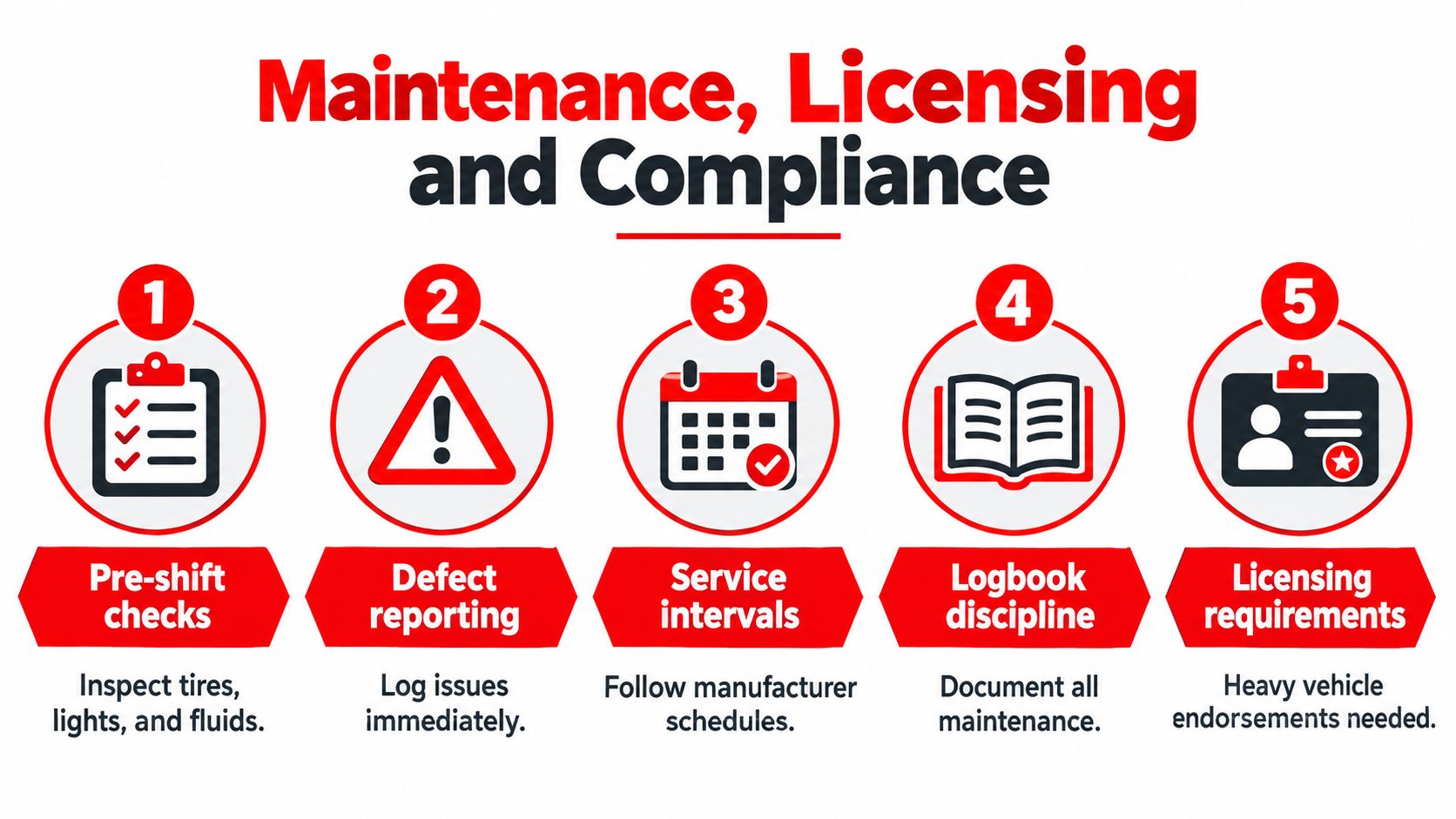 Emergency Response Vehicles: A 2026 Guide 3 An infographic showing five key steps for maintenance, licensing, and compliance for emergency response vehicles.