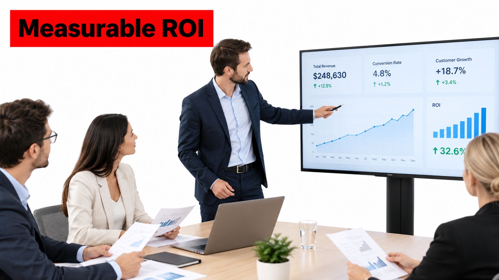 Integrated Security Solutions: 5 Key Business Benefits 4 A professional man presents business performance data on a screen to colleagues during a corporate meeting.