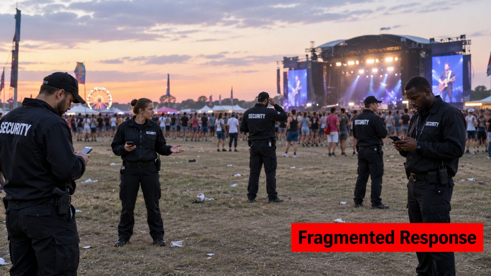 Integrated Security Solutions: 5 Key Business Benefits 1 Security personnel patrolling a music festival concert field during sunset while monitoring the large crowd
