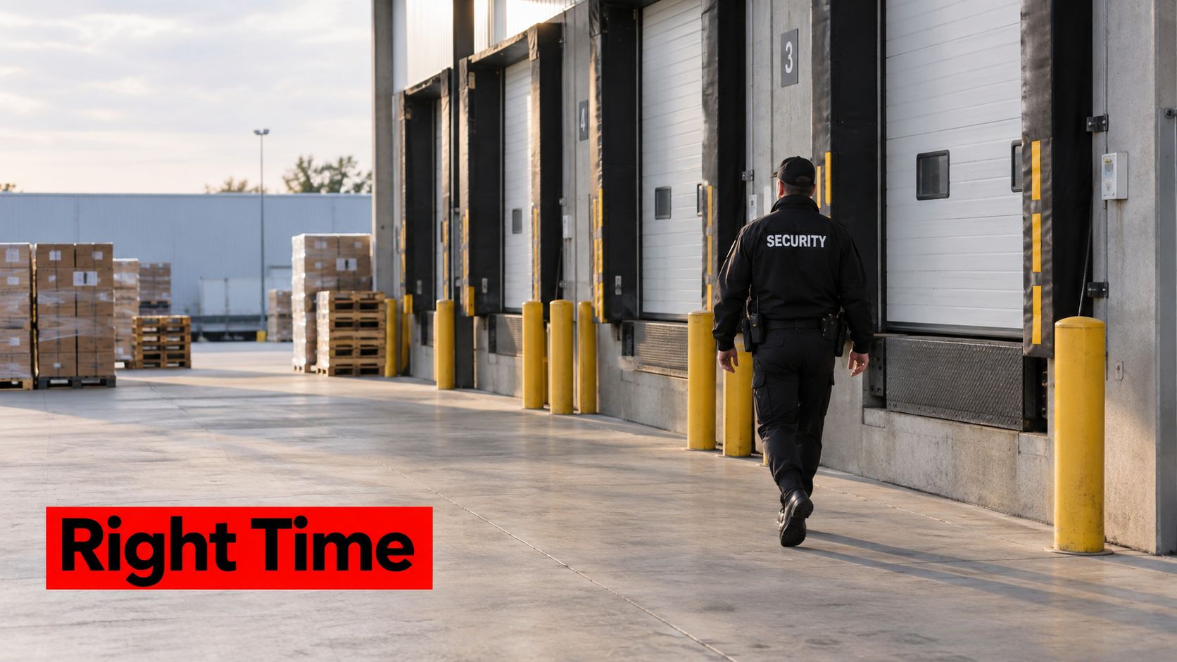 7 Steps to a Loss Prevention Program That Actually Works 2 A security guard walking past industrial loading docks in a warehouse complex during the late afternoon.