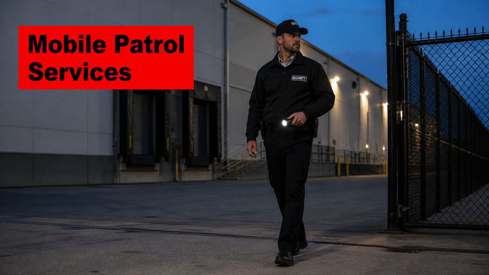7 Essential Mobile Security Patrol Services for Safer Venues 2 A security guard in a uniform patrols the exterior of an industrial warehouse facility at dusk.