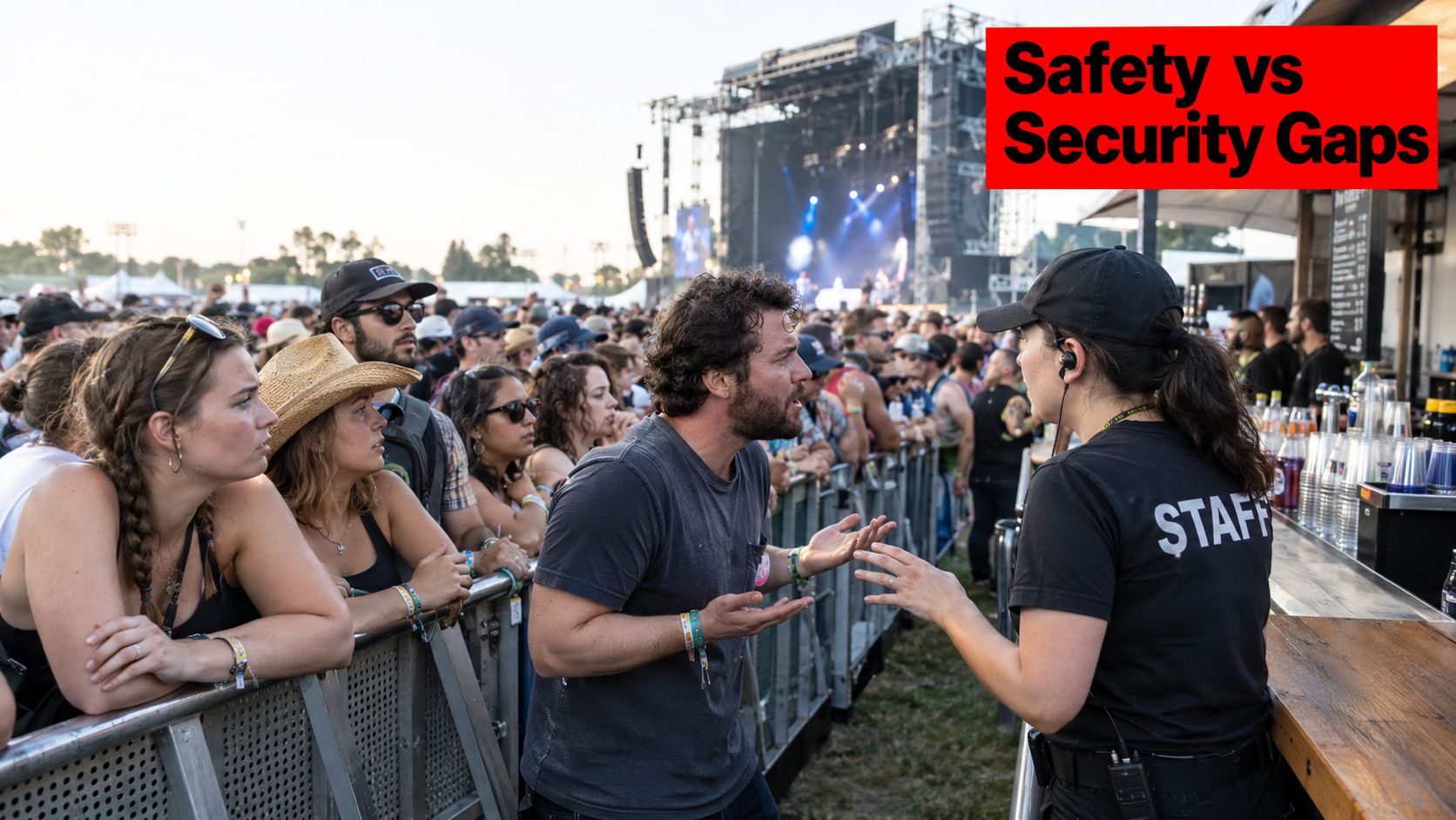 Safety and Security for Venues: 5 Keys to Protect Your Event 1 A staff member interacting with a concert attendee at a music festival barrier.