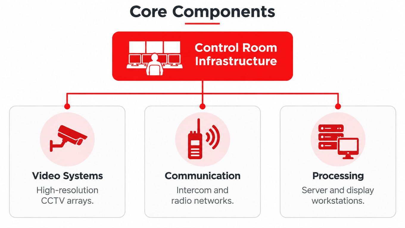 7 Essentials of a Security Control Room: Complete Guide 2026 2 A diagram illustrating the core components of a security control room including video systems, communication, and processing.