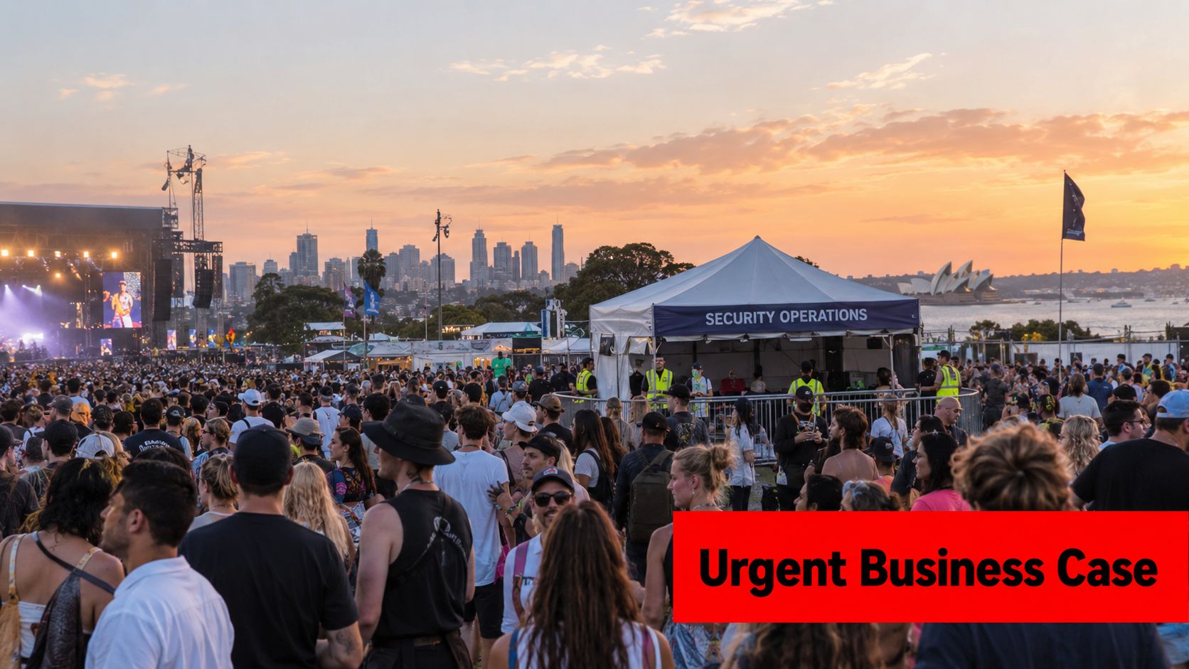 Security Incident Management: 7 Critical Steps for 2026 1 Large outdoor music festival crowd gathering at sunset with a security operations tent visible.