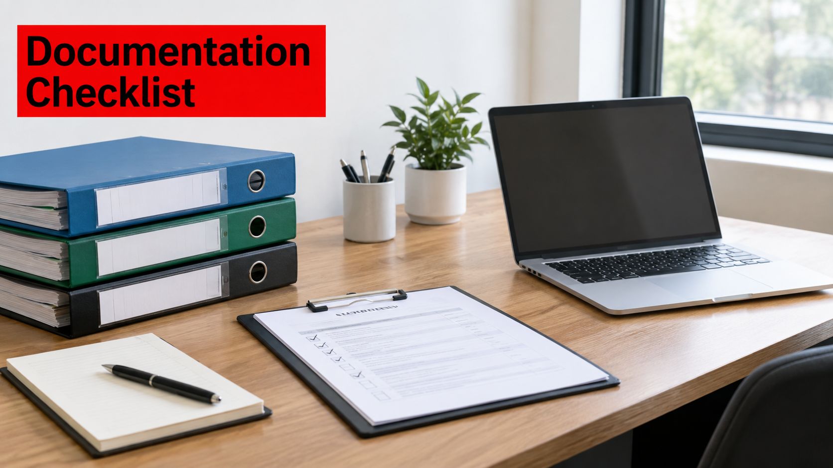 Vendor Security Assessment: 7 Steps for Safer Vendors 2 An organized office desk featuring binders, a checklist, a laptop, and a pen for documentation.