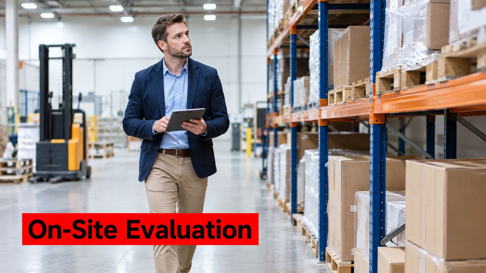 Vendor Security Assessment: 7 Steps for Safer Vendors 3 A professional man holding a tablet performs an on-site evaluation inside a large warehouse facility.