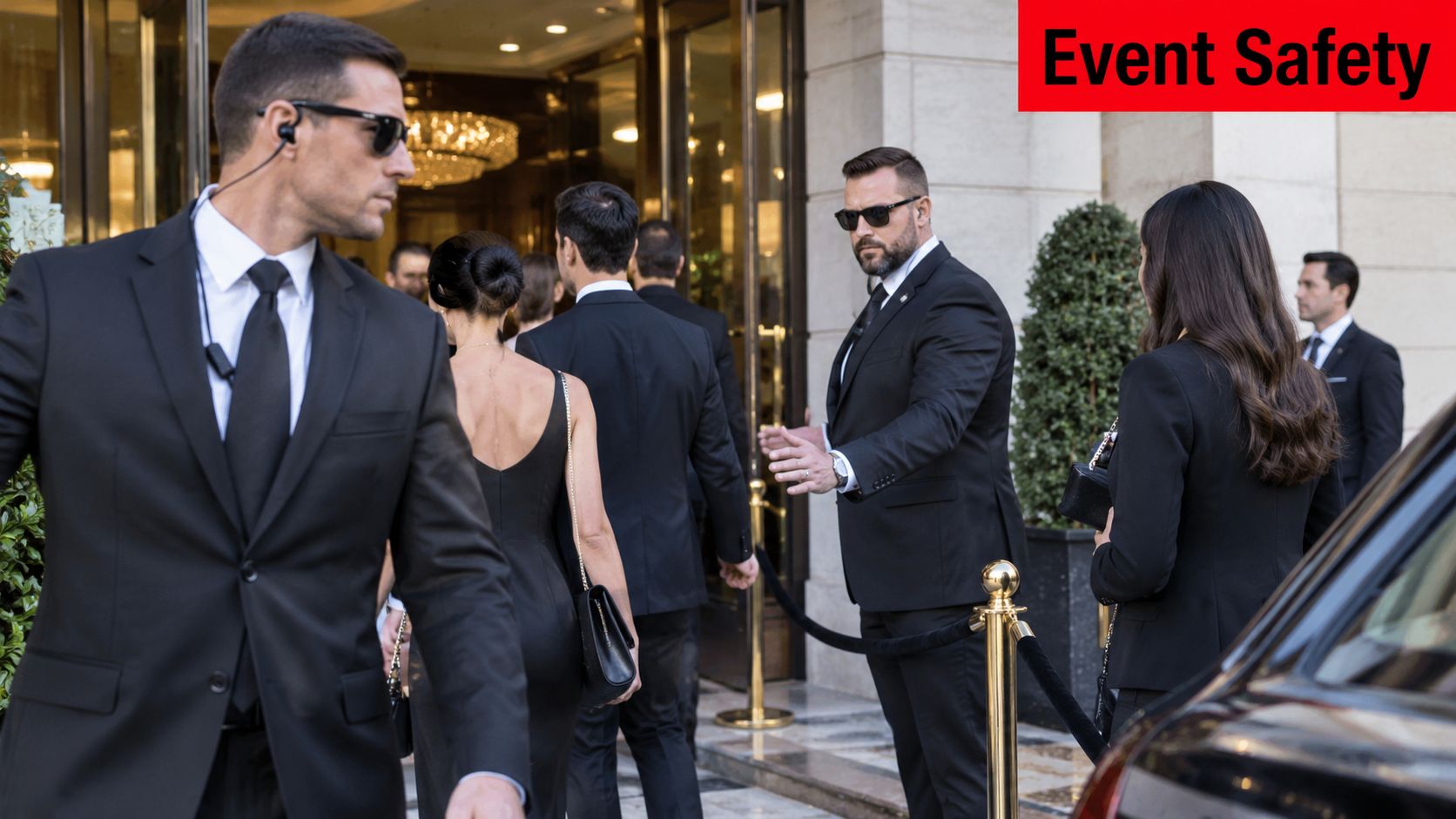 What Is Close Protection Security: A Complete 2026 Guide 3 Professional security guards in black suits protecting VIPs arriving at a luxury hotel entrance for an event.