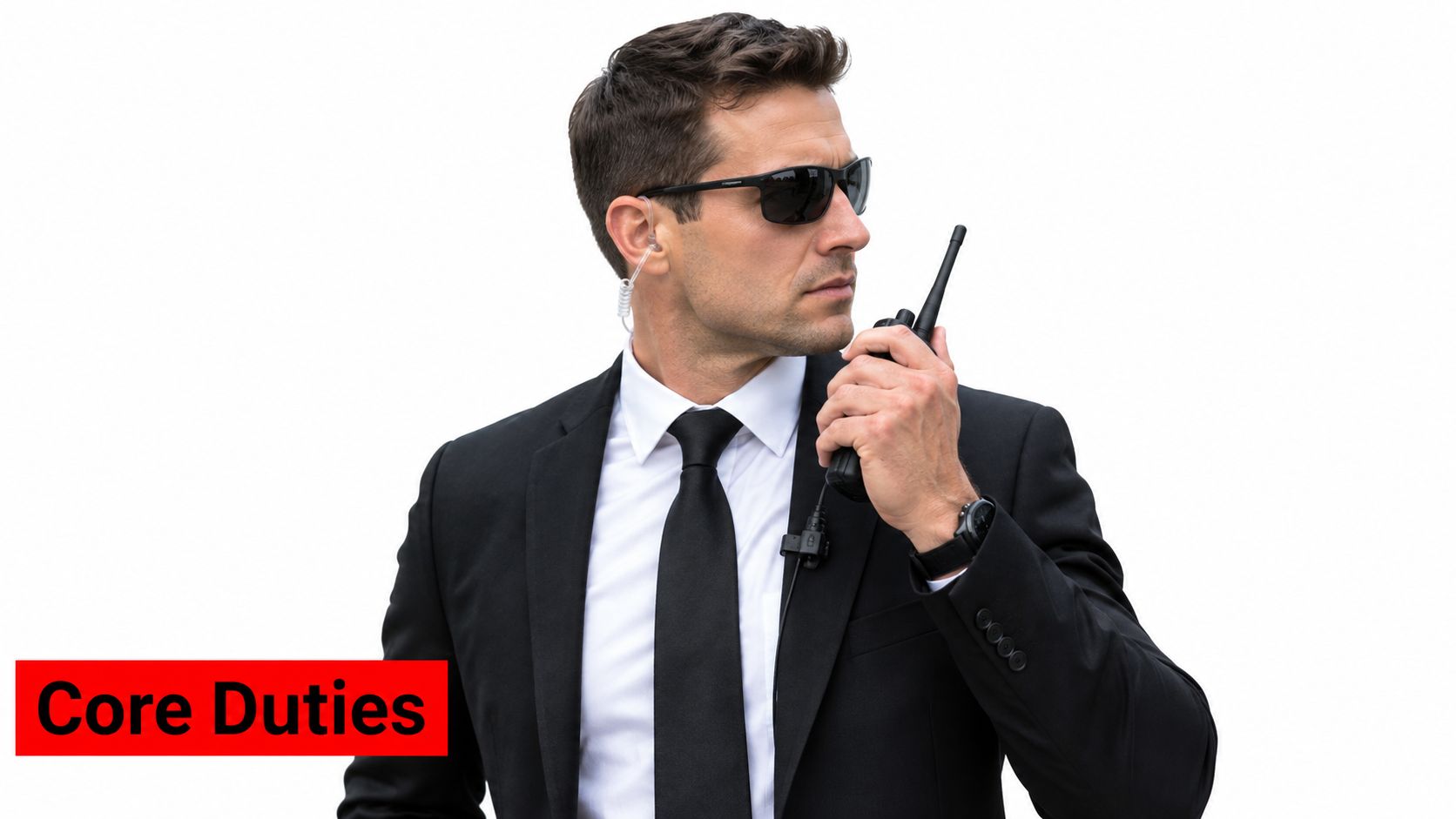 What Is Close Protection Security: A Complete 2026 Guide 2 A professional security officer wearing a suit and sunglasses communicating through a handheld radio device.