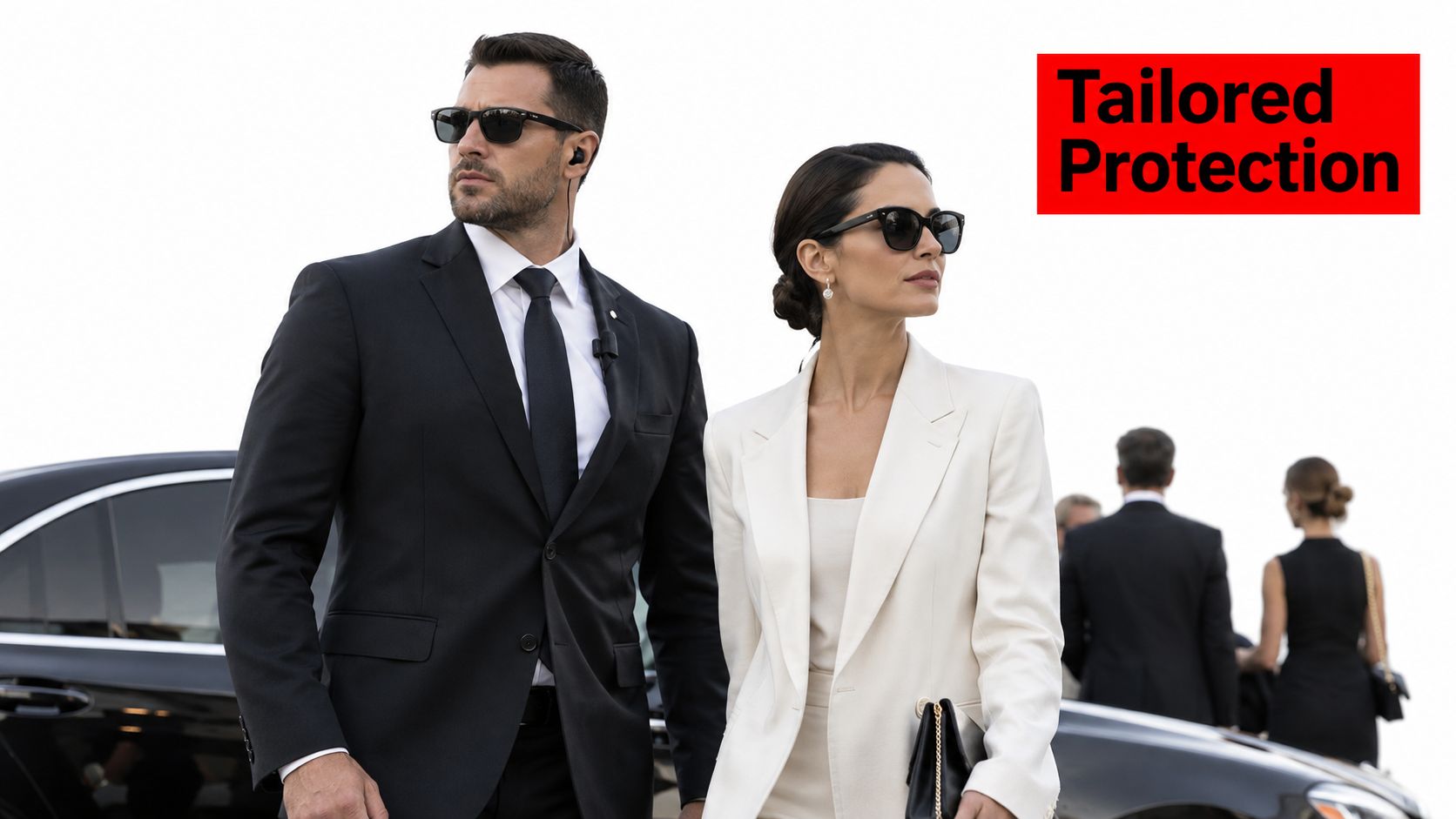 What Is Executive Protection? a Guide for Australian Teams 3 A professional male bodyguard in a suit and a woman in a white suit standing near a car.
